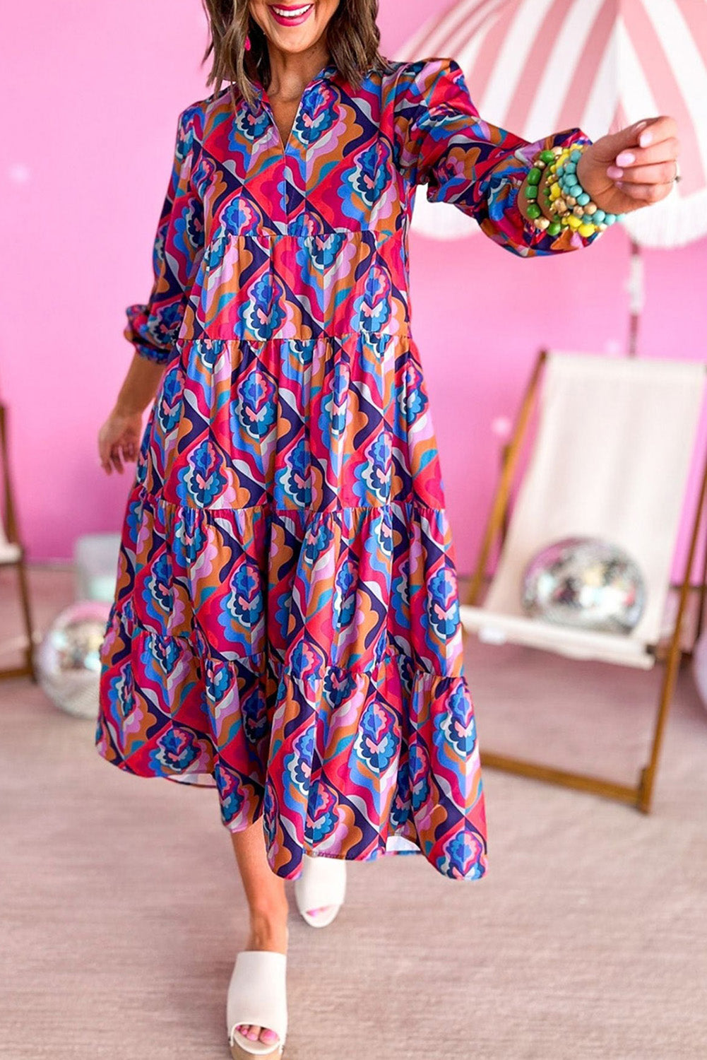 Modest Geometric Print Midi Dress – Long Sleeve, High Waist, Lightweight