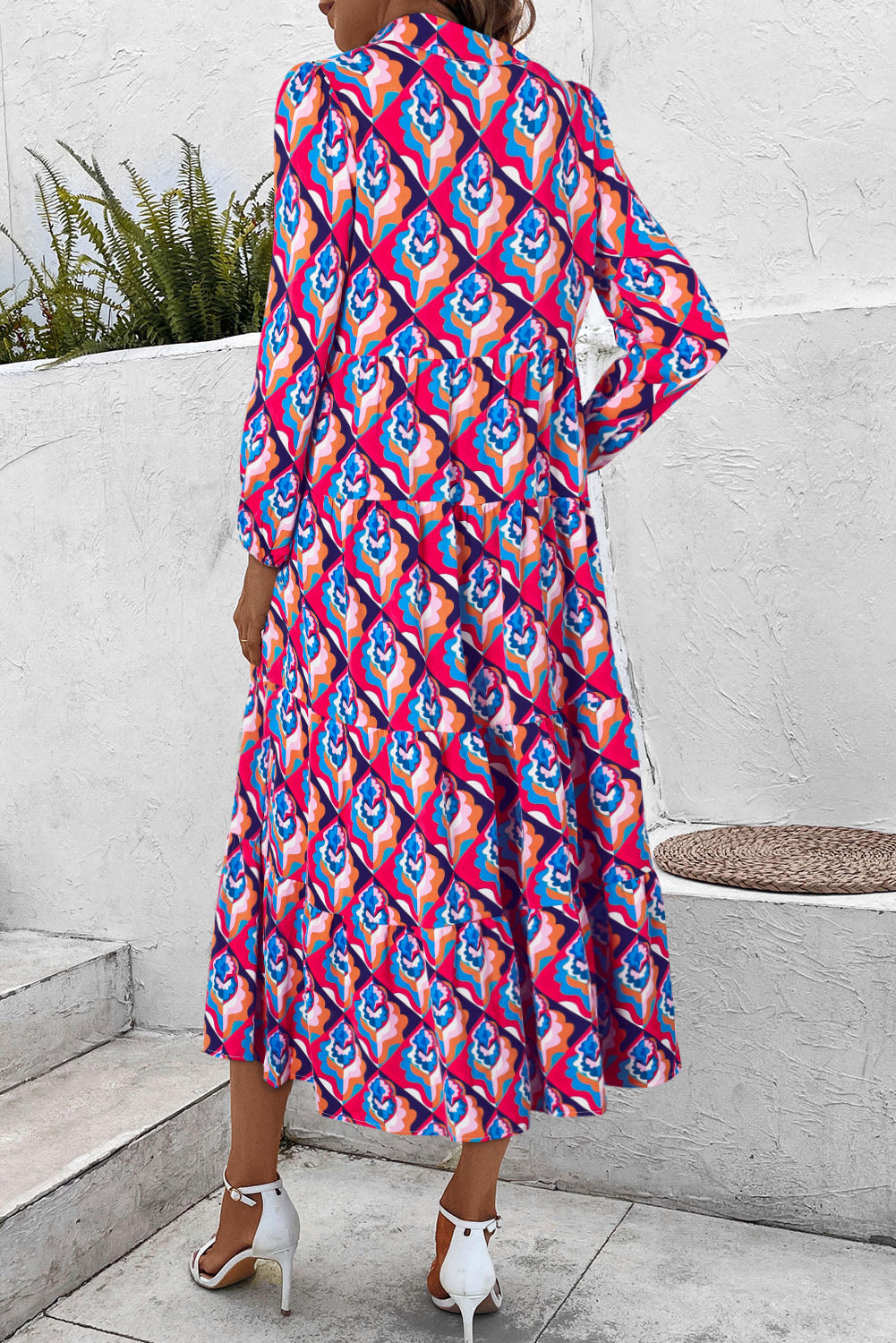 Modest Geometric Print Midi Dress – Long Sleeve, High Waist, Lightweight