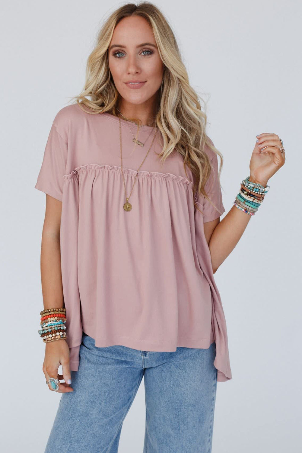 Elegant Modest Light Pink Ruffled Babydoll Tee - Unapologetic Comfort
