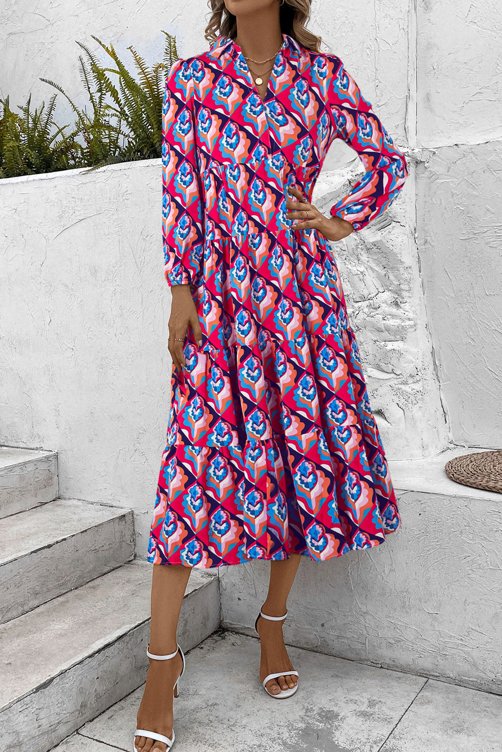 Modest Geometric Print Midi Dress – Long Sleeve, High Waist, Lightweight