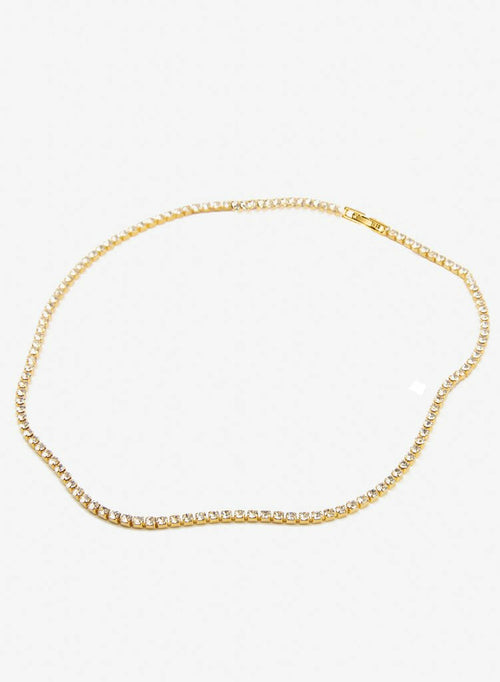 Delicate 18K gold-plated crystal choker necklace with fold-over clasp, displayed in gold finish on neutral background.