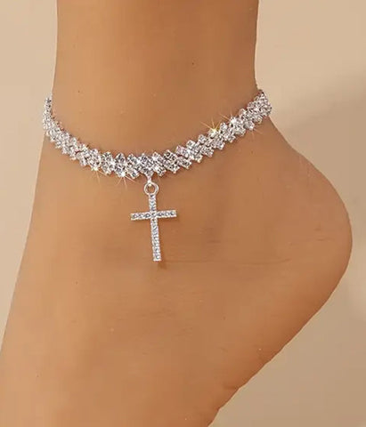 Silver Rhinestone Cross Anklet – Christian-Inspired Adjustable Jewelry