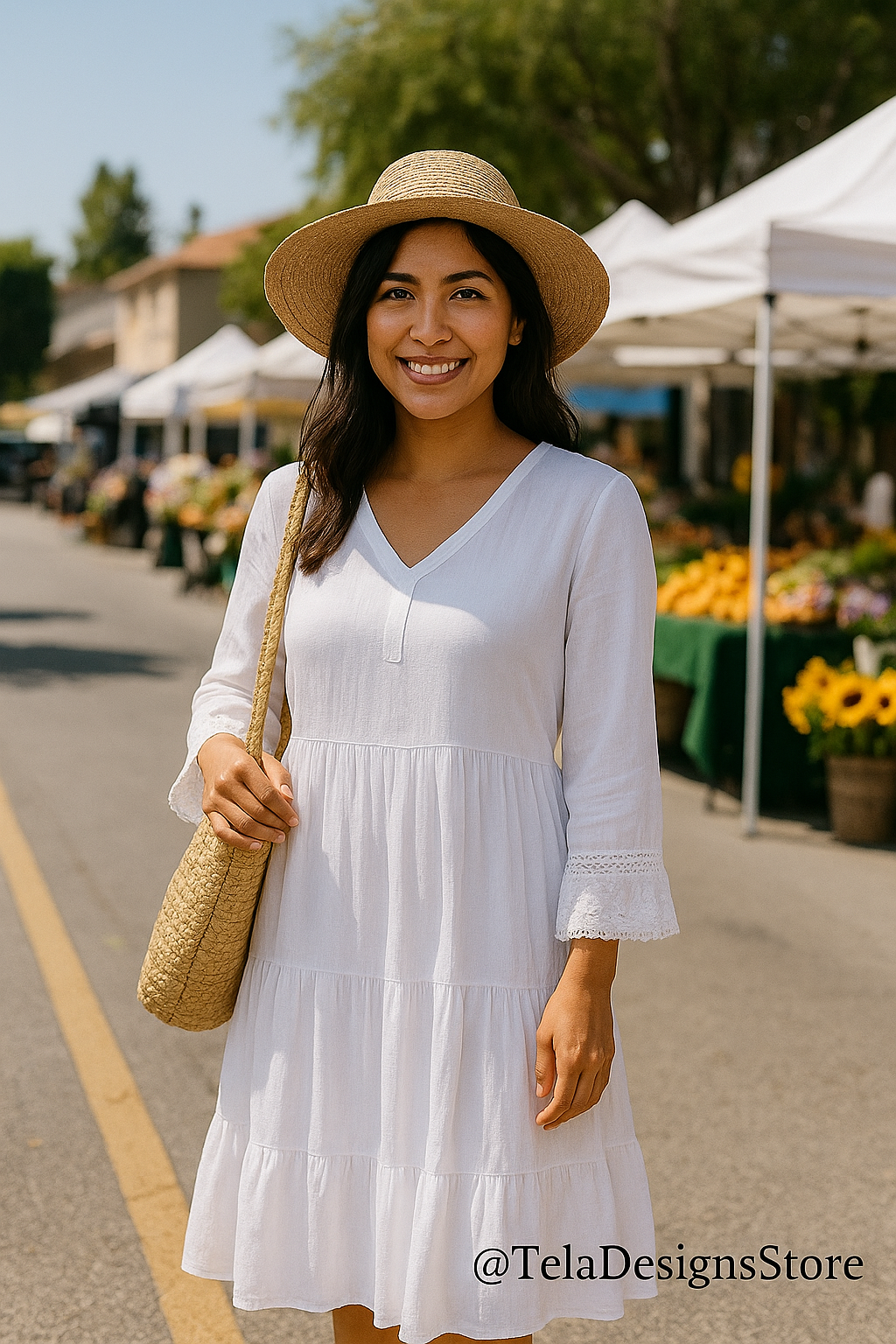 Young woman in a white cotton boho dress with lace-trimmed sleeves and sunhat, smiling at an outdoor market wearing a light brown woven straw bag — at Tela Designs Store.