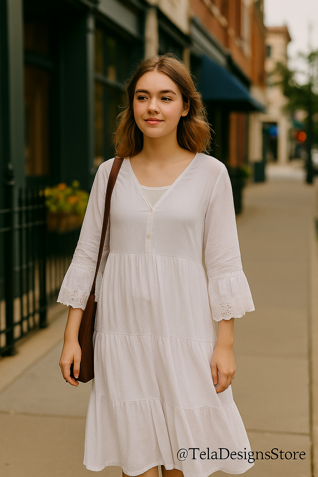 A young woman with long brown hair walks confidently down a quiet downtown sidewalk wearing a flowing white cotton boho maxi dress with tiered ruffles and 3/4 sleeves featuring lace trim. She carries a brown shoulder bag and smiles softly, embodying modest, carefree summer style. Branding watermark reads "@TelaDesignsStore". Available now at Tela Designs Store.
