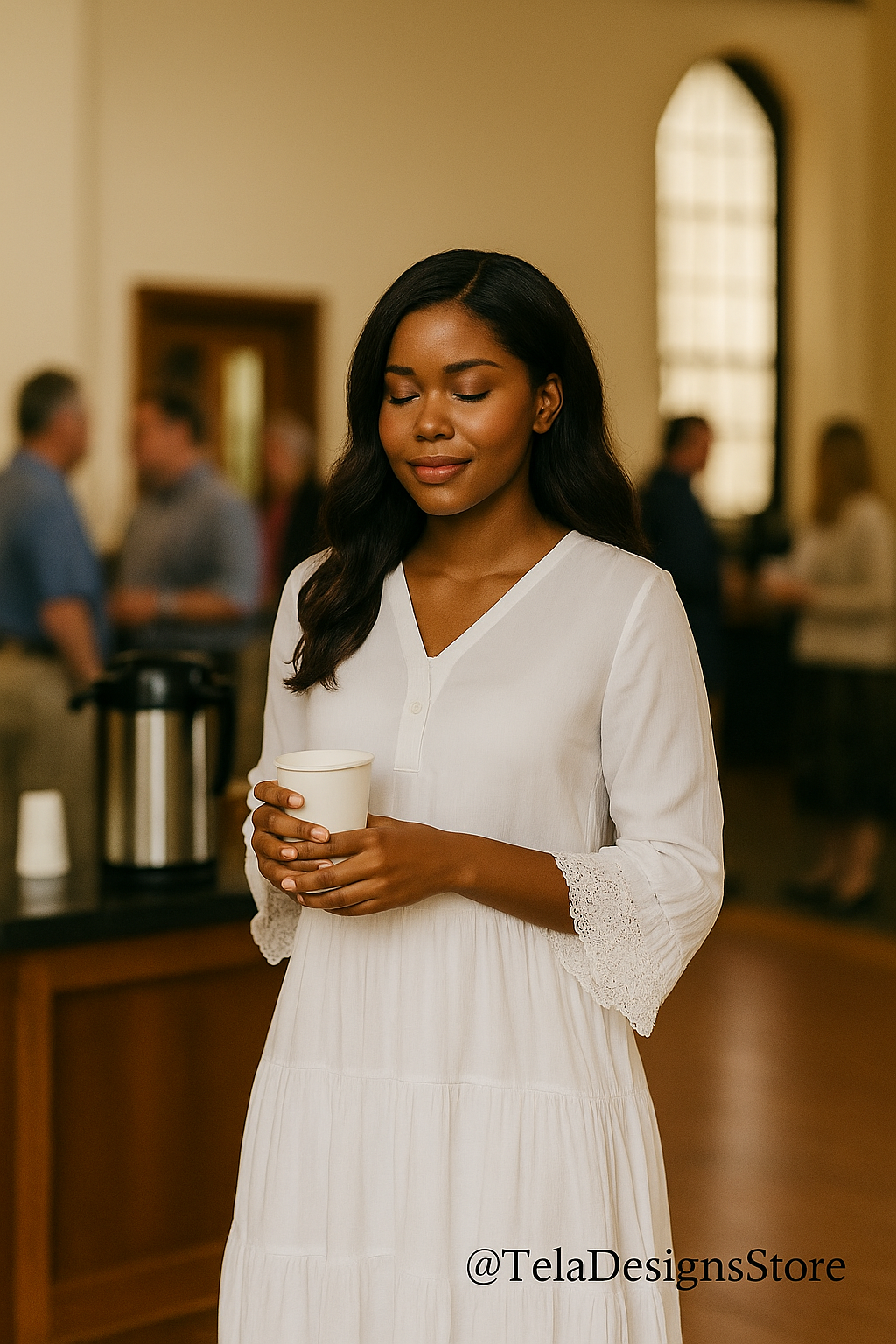 A young Black woman in a white cotton boho maxi dress with lace-trimmed sleeves, holding a paper cup while standing peacefully indoors at what appears to be a church fellowship hall — at Tela Designs Store.