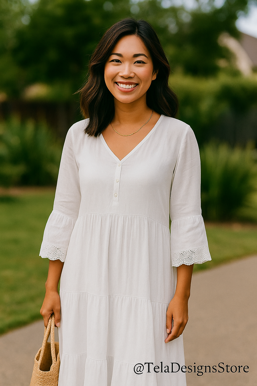Young woman in a white cotton boho dress with lace-trimmed sleeves, holding a straw woven tote bag and smiling outdoors — at Tela Designs Store.