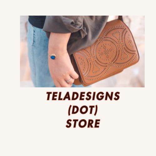 Picture of a lady from the side showing her wearing a small leather pocket purse that says, "TELADESIGNS (DOT) STORE" below the picture