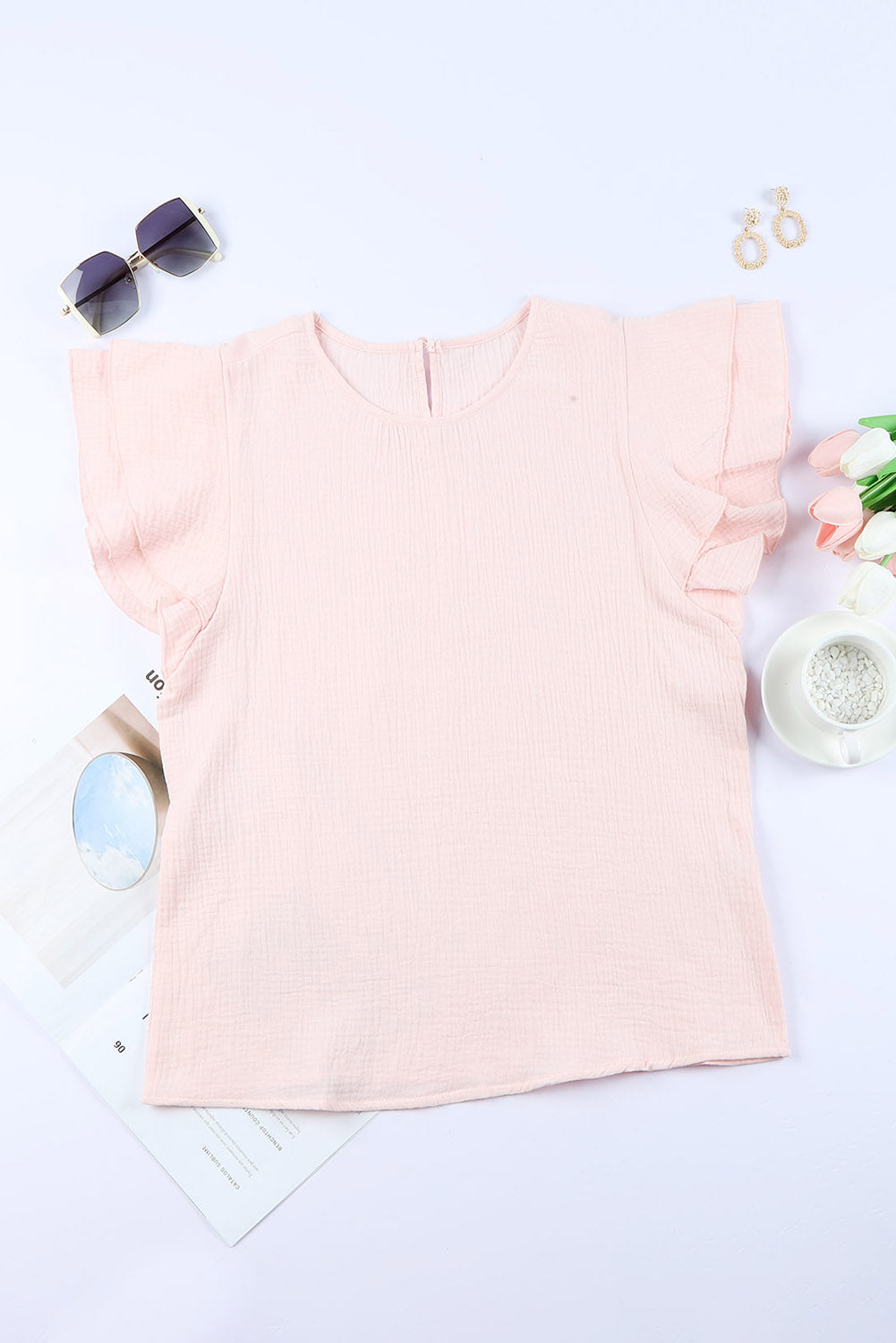 Chic Modest Pink Textured Tiered Ruffled Short Sleeve Blouse