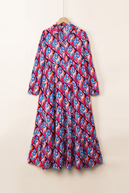 Modest Geometric Print Midi Dress – Long Sleeve, High Waist, Lightweight