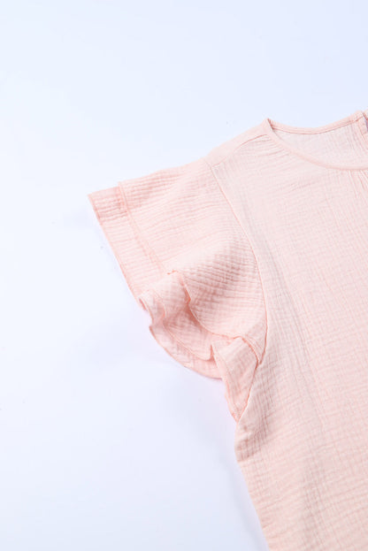 Chic Modest Pink Textured Tiered Ruffled Short Sleeve Blouse