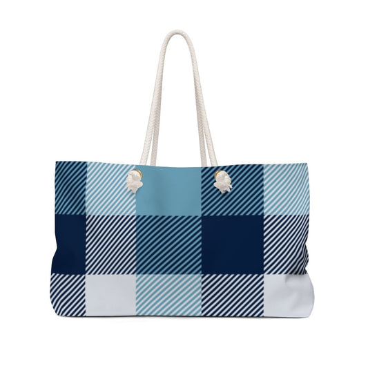 Blue and white plaid weekender tote bag with thick rope handles, styled for beach days, casual errands, and travel — at Tela Designs Store.