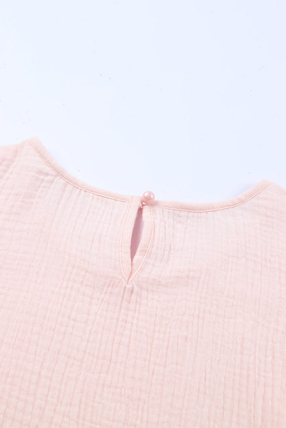 Chic Modest Pink Textured Tiered Ruffled Short Sleeve Blouse