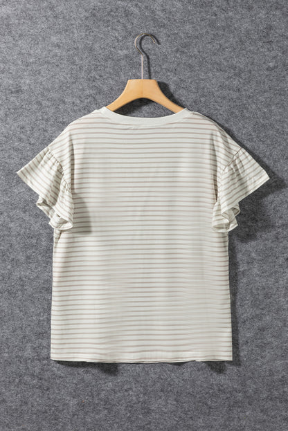 Unapologetic Apricot Striped Lace Splicing Ruffle Sleeve T-shirt