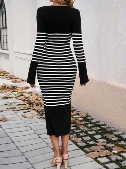 Elegant Striped V-Neck Sweater Dress - Modest Layering Essential