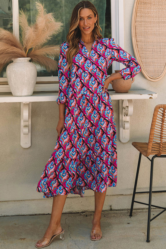 Modest Geometric Print Midi Dress – Long Sleeve, High Waist, Lightweight