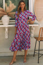 Modest Geometric Print Midi Dress – Long Sleeve, High Waist, Lightweight