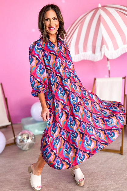 Modest Geometric Print Midi Dress – Long Sleeve, High Waist, Lightweight