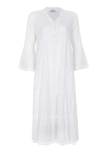 Front flat-lay of white cotton peasant maxi dress with lace sleeves highlighting the modest v-neck detail and lightweight fabric at Tela Designs Store.