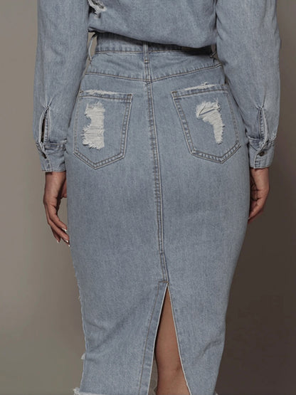 Back view of light wash denim midi skirt with distressed pockets and center slit, modest and modern style by Tela Designs Store