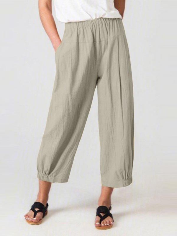 Loose harem style cotton-linen pants in beige, shown front-facing with high waist and cropped wide leg fit—minimalist modest fashion at Tela Designs Store.