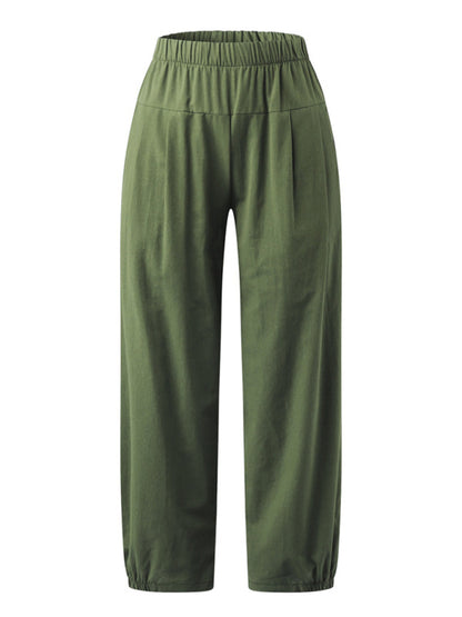 Front view of sage green cotton linen cropped pants with functional pockets at Tela Designs Store.