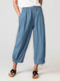 Slate blue cotton-linen wide leg harem pants with elastic waist, ideal for Christian minimalist capsule wardrobes by Tela Designs Store.