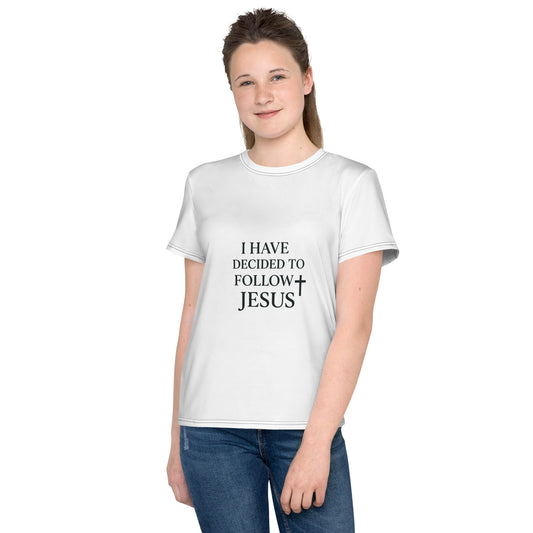 Youth girl wearing a white “I Have Decided to Follow Jesus” Christian t-shirt, faith-based minimalist design