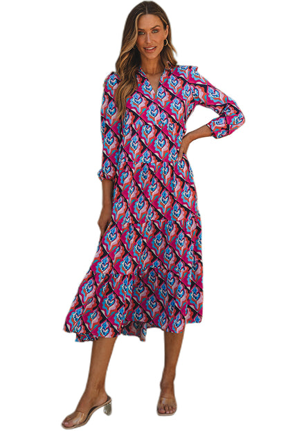 Modest Geometric Print Midi Dress – Long Sleeve, High Waist, Lightweight