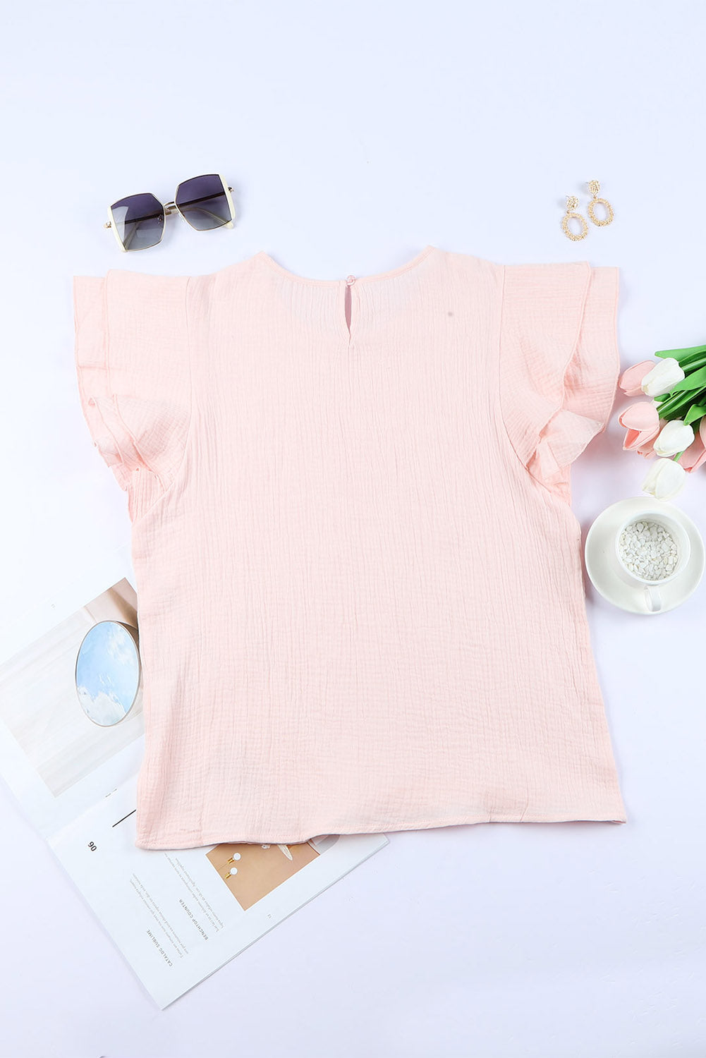 Chic Modest Pink Textured Tiered Ruffled Short Sleeve Blouse