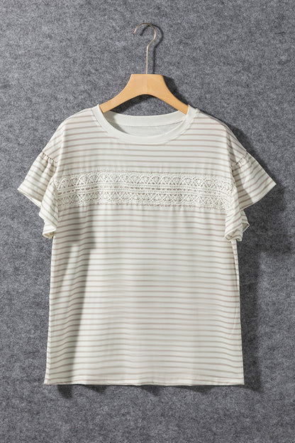 Unapologetic Apricot Striped Lace Splicing Ruffle Sleeve T-shirt