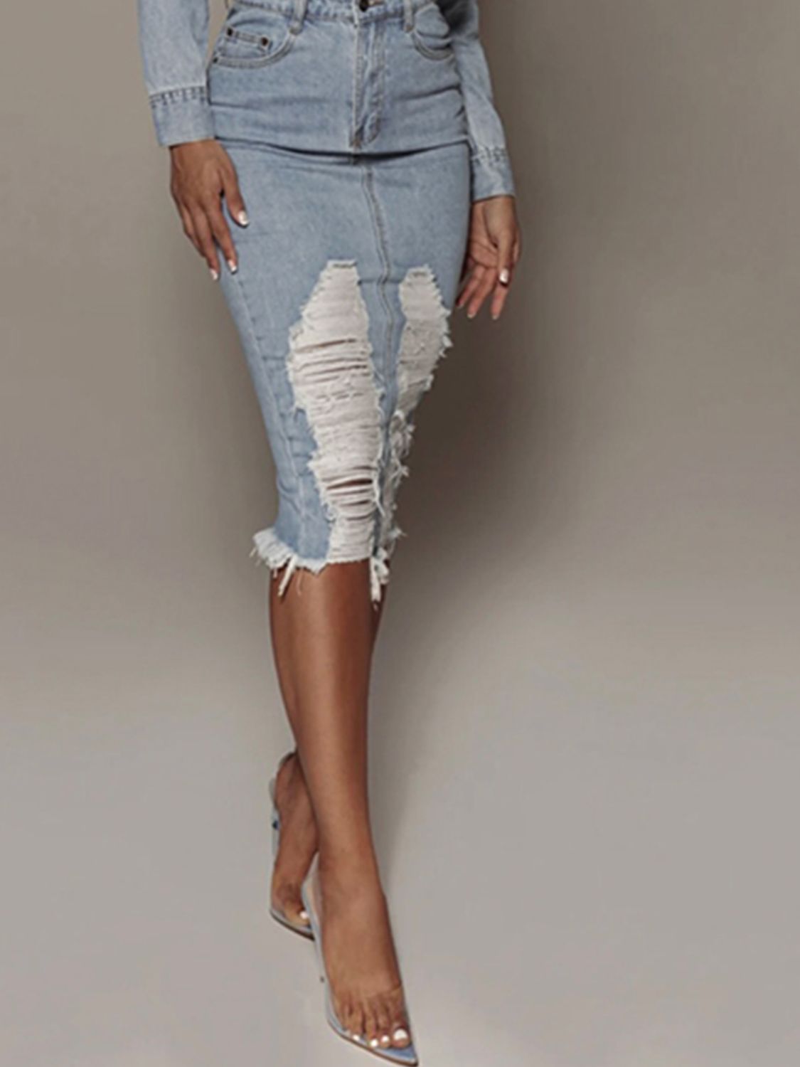 Unapologetic Distressed Denim Midi Skirt with back Slit