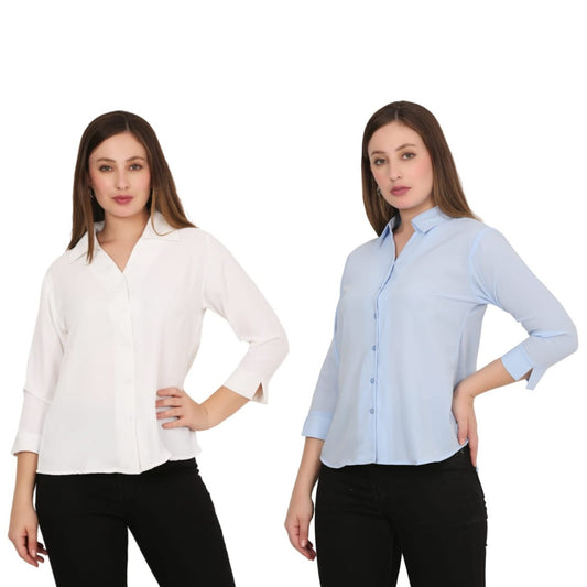 Modern Women’s Solid Formal Shirt Pack of 2 – White & Light Blue