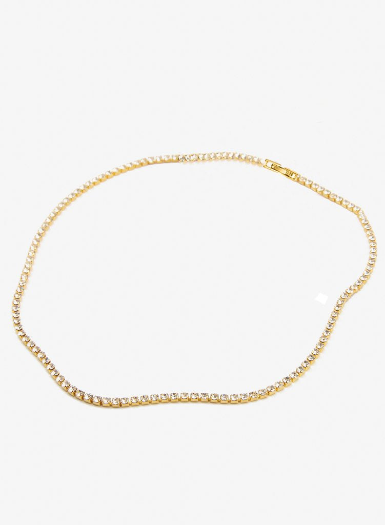 Delicate 18K gold-plated crystal choker necklace with fold-over clasp, displayed in gold finish on neutral background.