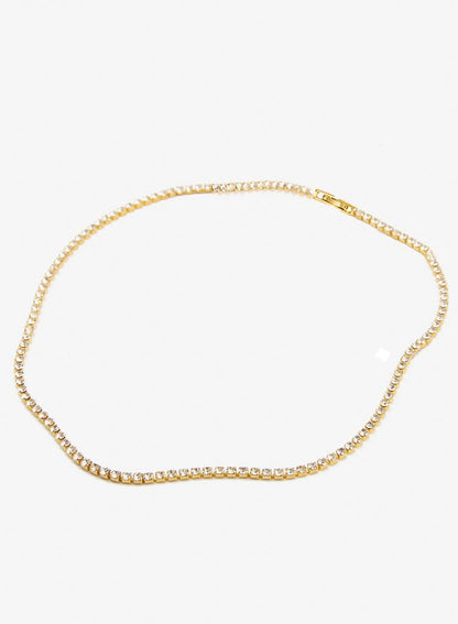 Delicate 18K gold-plated crystal choker necklace with fold-over clasp, displayed in gold finish on neutral background.