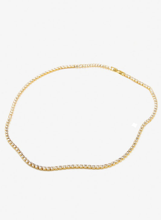 Delicate 18K gold-plated crystal choker necklace with fold-over clasp, displayed in gold finish on neutral background.